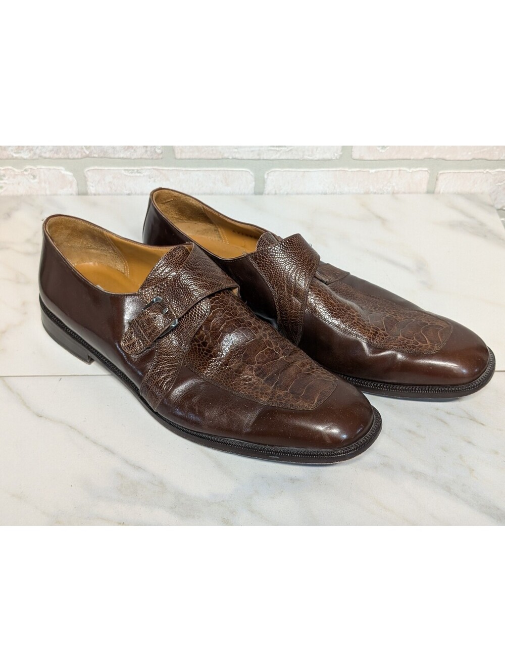Mezlan Men's Brown Ostrich Leather Monk Strap Dress Shoes Size 16M - Picture 2 of 7